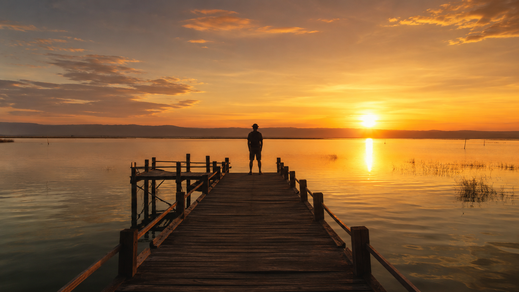 Sunrise over Nong Han Lake with a traveller standing near a wooden pier.