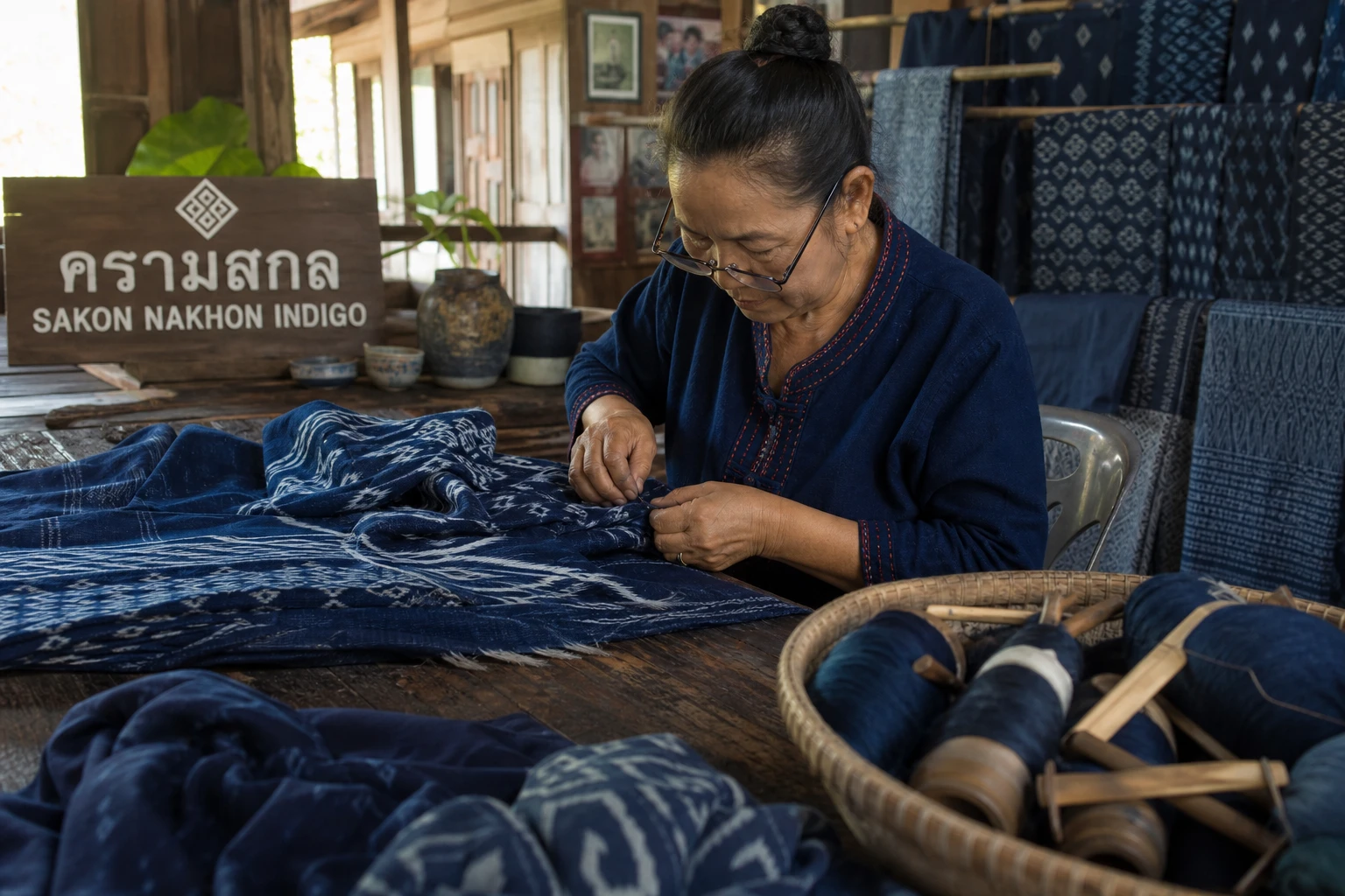 Indigo textile patterns from Sakon Nakhon craft traditions.