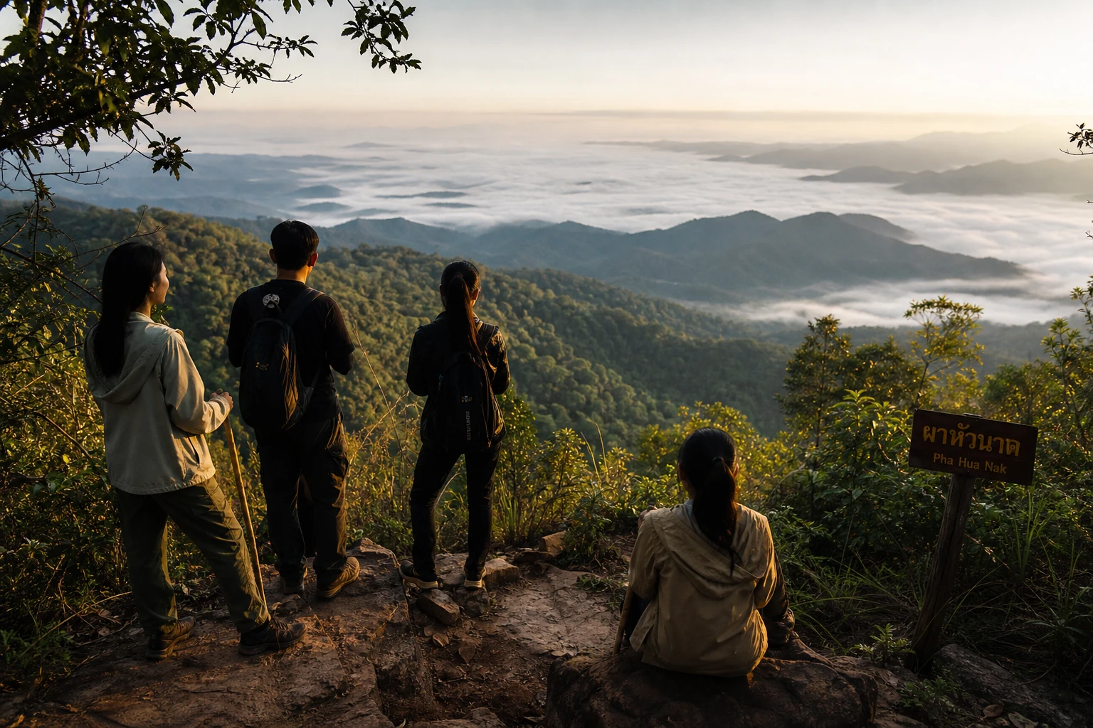 Mist over Phu Phan mountain viewpoints with hikers nearby.