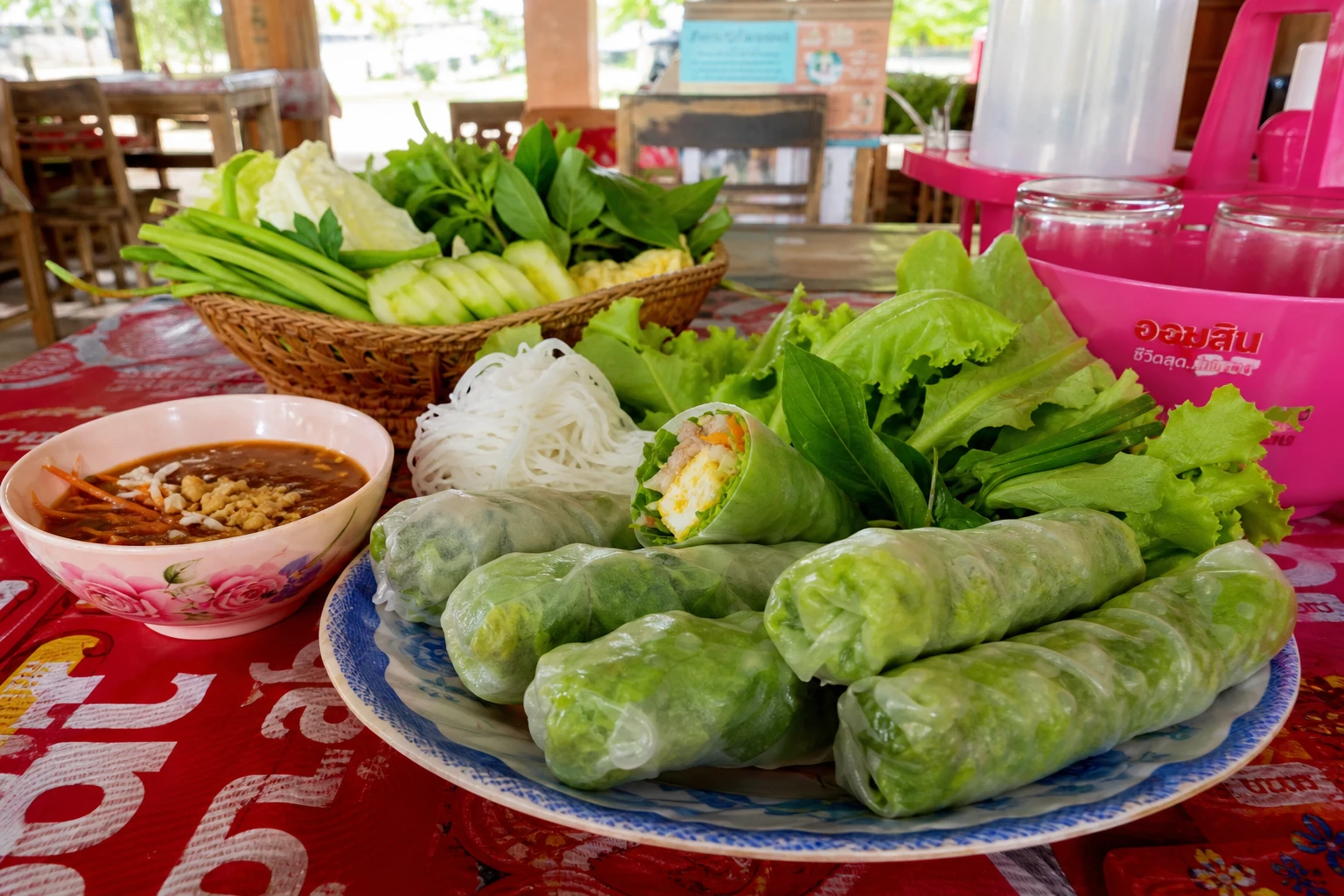 Vietnamese influenced local dishes with fresh herbs and dipping sauce.